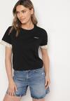 Czarny T-shirt z Bawełny Zdobiony Koronką z Cekinami Pollea
