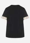 Czarny T-shirt z Bawełny Zdobiony Koronką z Cekinami Pollea