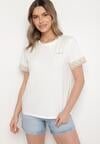 Biały T-shirt z Bawełny Zdobiony Koronką z Cekinami Pollea