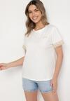 Biały T-shirt z Bawełny Zdobiony Koronką z Cekinami Pollea