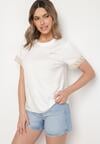 Biały T-shirt z Bawełny Zdobiony Koronką z Cekinami Pollea