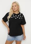 Czarny T-shirt z Bawełny Ozdobiony Cyrkoniami i Haftami Firarette