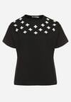 Czarny T-shirt z Bawełny Ozdobiony Cyrkoniami i Haftami Firarette