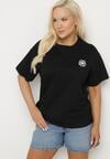 Czarny T-shirt z Bawełny z Naszywką Kwiatu Firirene