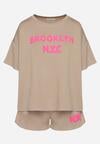 Ciemnobeżowy Komplet Oversize z Wiskozą T-shirt i Szorty z Nadrukiem Liravella
