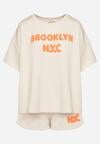 Beżowy Komplet Oversize z Wiskozą T-shirt i Szorty z Nadrukiem Liravella