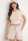 Beżowy T-shirt z Wiskozą o Dopasowanym Kroju Typu Crop Top Folirra