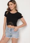 Czarny Prążkowany T-shirt Zdobiony Koronką Lizeira