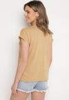 Beżowy T-shirt z Bawełny Ozdobiony Kieszonką Ziarene