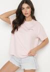 Jasnoróżowy Bawełniany T-shirt z Ozdobnym Nadrukiem Addlessa