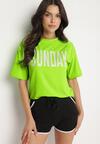 Zielono-Czarny Komplet T-shirt z Nadrukiem i Szorty z Lamówką Aravonne