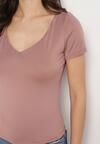 Ciemnoróżowy T-shirt z Wiskozą o Dopasowanym Kroju z Dekoltem w Serek Folarisse