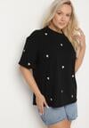 Czarny Bawełniany T-shirt Zdobiony Haftem w Kształcie Serc Naloree
