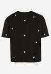 Czarny Bawełniany T-shirt Zdobiony Haftem w Kształcie Serc Naloree