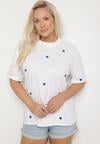 Biało-Niebieski Bawełniany T-shirt Zdobiony Haftem w Kształcie Serc Naloree