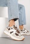 Biało-Brązowe Płaskie Sneakersy w Krowie Łaty z Geometrycznym Wzorem Nawla