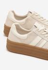 Jasnobeżowe Zamszowe Sneakersy na Grubej Podeszwie z Paskami i Skórzaną Wkładką Felenne