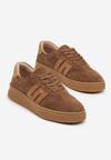 Brązowe Sneakersy Tenisówki ze Skóry Naturalnej z Geometrycznym Motywem Haleria