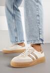 Beżowo-Brązowe Skórzane Sneakersy Klasyczne Tenisówki z Zamszu Naturalnego Teniresela