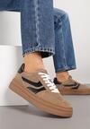 Brązowe Sneakersy Zamszowe w Stylu Tenisówek z Geometrycznym Wzorem Naliane