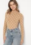 Beżowa Bawełniana Bluzka z Półgolfem Typu Longsleeve z Geometrycznym Wzorem Tilianna