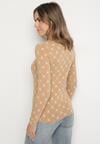 Beżowa Bawełniana Bluzka z Półgolfem Typu Longsleeve z Geometrycznym Wzorem Tilianna