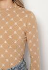Beżowa Bawełniana Bluzka z Półgolfem Typu Longsleeve z Geometrycznym Wzorem Tilianna