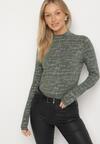 Zielona Bluzka z Bawełny w Stylu Longsleeve z Półgolfem w Literowy Nadruk Azelenia