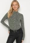 Zielona Bluzka z Bawełny w Stylu Longsleeve z Półgolfem w Literowy Nadruk Azelenia