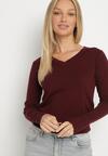 Bordowy Sweter z Wiskozą i Dekoltem w Serek Olisela