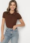 Brązowy Bawełniany T-shirt Prążkowany Typu Polo z Guzikami Avelavia