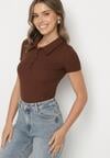 Brązowy Bawełniany T-shirt Prążkowany Typu Polo z Guzikami Avelavia