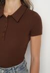 Brązowy Bawełniany T-shirt Prążkowany Typu Polo z Guzikami Avelavia
