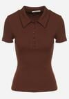 Brązowy Bawełniany T-shirt Prążkowany Typu Polo z Guzikami Avelavia