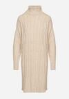 Jasnobeżowa Sweterkowa Sukienka z Golfem Ozdobiona Tłoczeniem Lanika