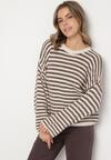 Jasnobeżowy Sweter Oversize w Paski z Dodatkiem Wełny i Wiskozy Tianalla