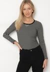 Czarna Bluzka Typu Longsleeve w Paski Ozdobiona Cyrkoniami Ralinella