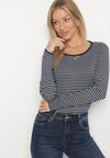 Granatowa Bluzka Typu Longsleeve w Paski Ozdobiona Cyrkoniami Ralinella
