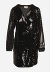 Czarna Cekinowa Sukienka o Kopertowym Kroju z Wiązaniem w Talii Eprelle