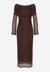 Brązowa Koktajlowa Sukienka z Odkrytymi Ramionami z Koronki Eperrie