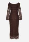 Brązowa Koktajlowa Sukienka z Odkrytymi Ramionami z Koronki Eperrie