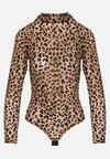 Beżowe Body w Panterkę z Domieszką Wiskozy z Długim Rękawem i Stójką Eclana