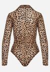 Beżowe Body w Panterkę z Domieszką Wiskozy z Długim Rękawem i Stójką Eclana
