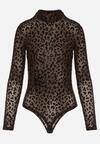 Brązowe Body w Panterkę z Domieszką Wiskozy z Długim Rękawem i Stójką Eclana