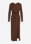 Brązowa Sukienka Kopertowa z Wiskozą Zdobiona Rozcięciem i Wiązanym Paskiem Teslea
