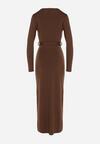 Brązowa Sukienka Kopertowa z Wiskozą Zdobiona Rozcięciem i Wiązanym Paskiem Teslea