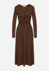 Brązowa Marszczona Sukienka Taliowana z Wiskozą z Dekoltem V i Długim Rękawem Emirie