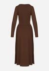 Brązowa Marszczona Sukienka Taliowana z Wiskozą z Dekoltem V i Długim Rękawem Emirie