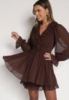 Ciemnobrązowa Rozkloszowana Sukienka z Falbankami i Siateczkowymi Rękawami Zennisa