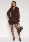 Ciemnobrązowa Rozkloszowana Sukienka z Falbankami i Siateczkowymi Rękawami Zennisa